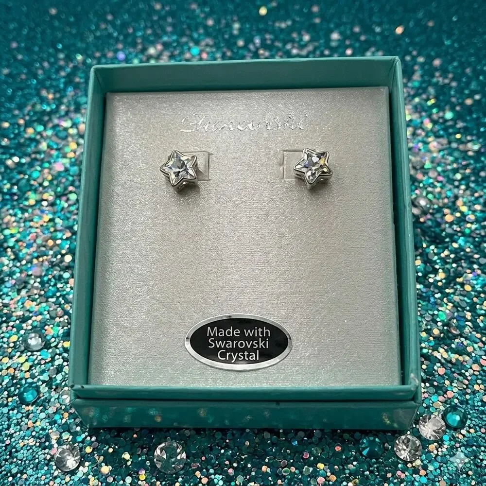 Swarovski Star Crystal Stud Earrings Platinum Tone NWT Gift Box